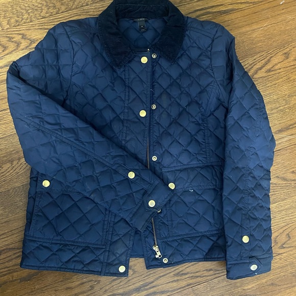 J Crew Quilted Puffer Down Jacket Womens Sz XS Corduroy Collar Navy Blue Gold - Picture 11 of 13
